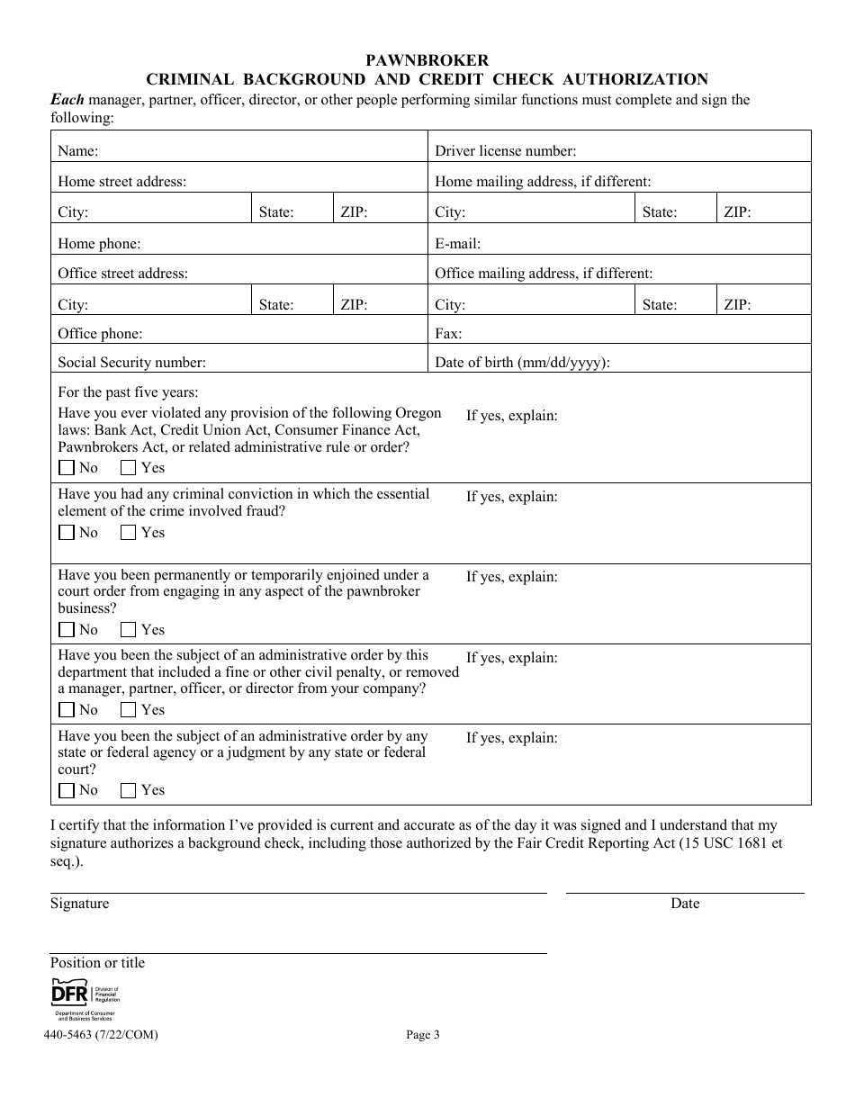 Form 440-5463 Pawnbroker License Application Amendment - Oregon, Page 3