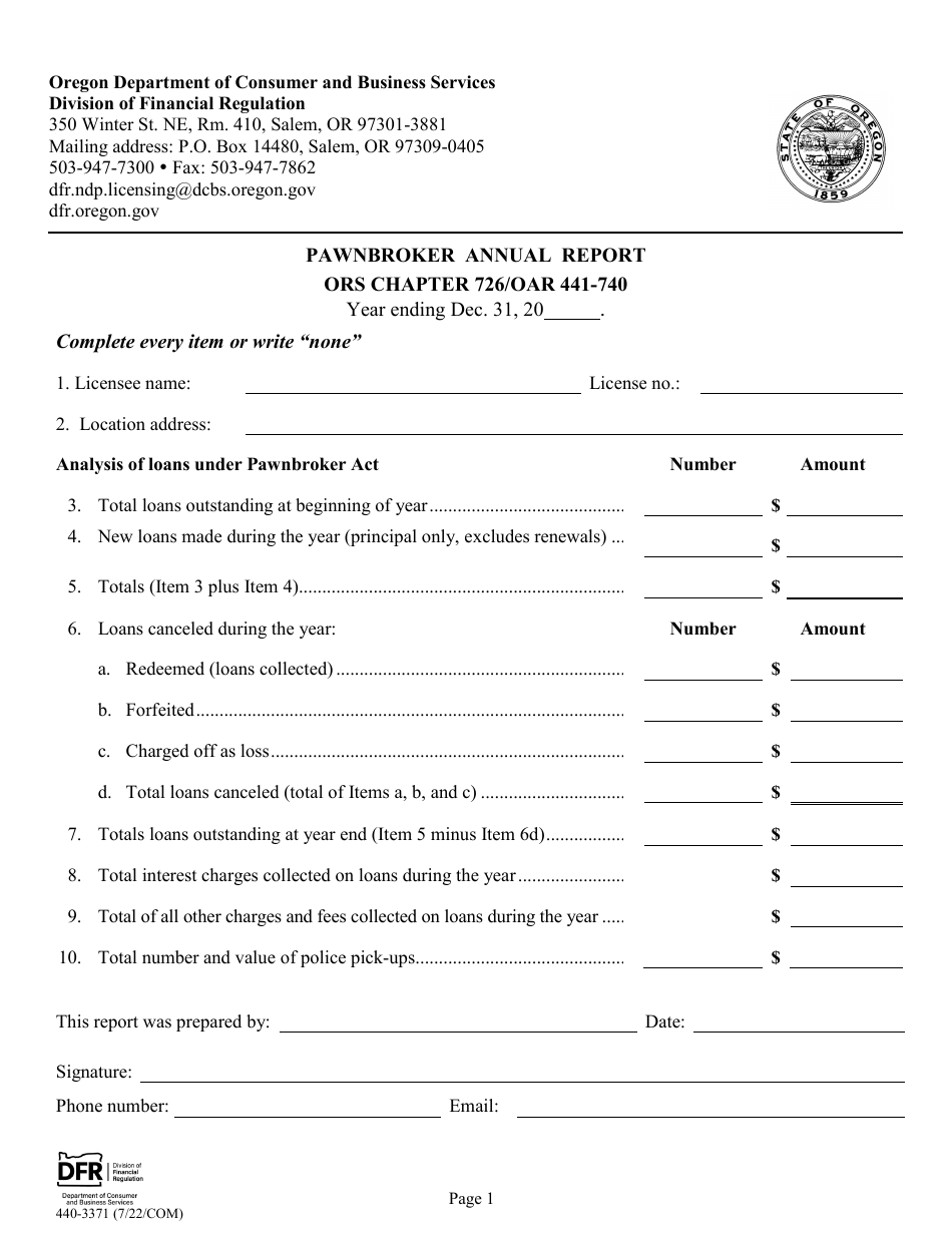 Form 440-3371 Pawnbroker Annual Report - Oregon, Page 1