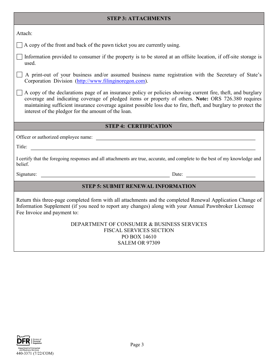Form 440-3371 Pawnbroker Annual Report - Oregon, Page 3