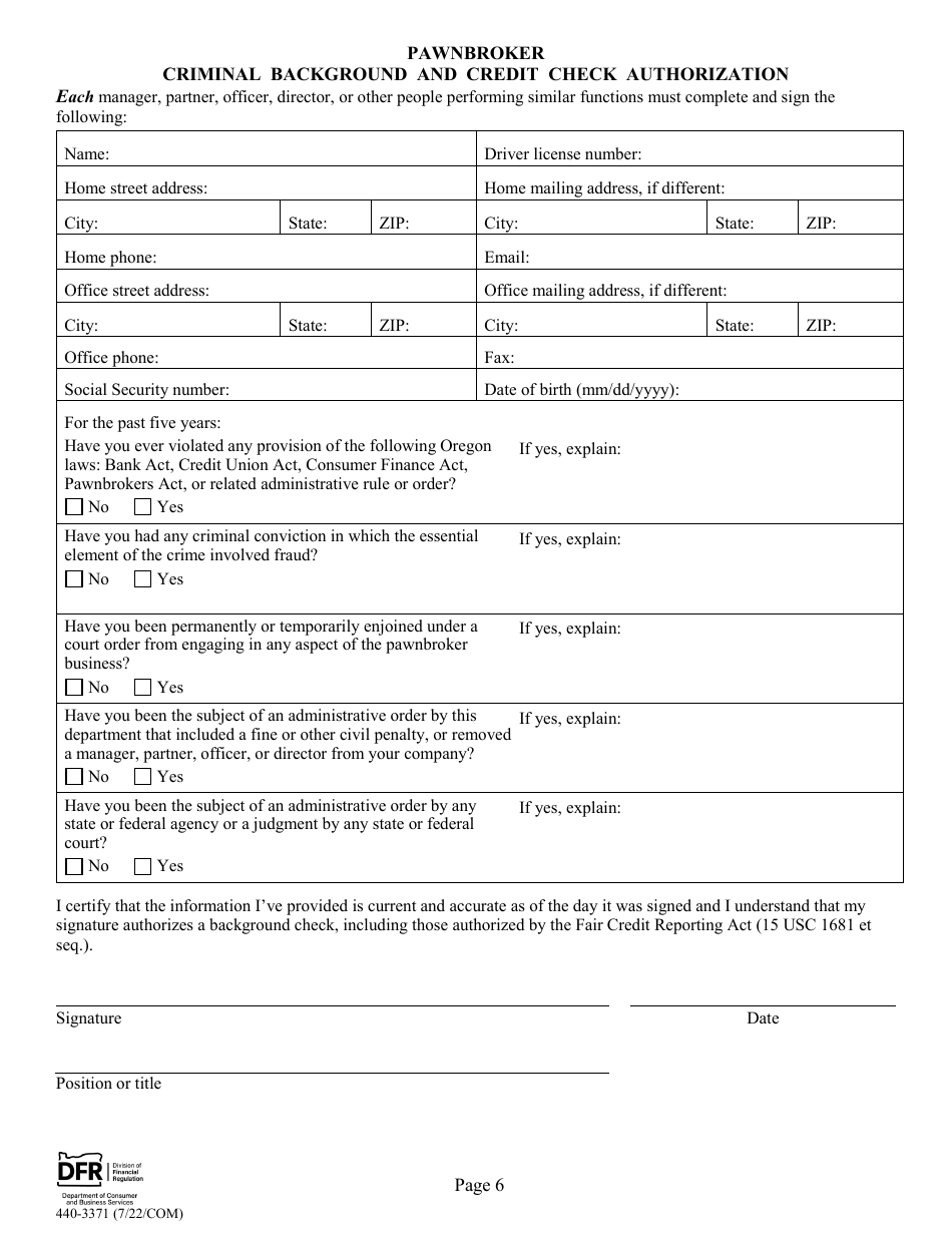 Form 440-3371 Pawnbroker Annual Report - Oregon, Page 6