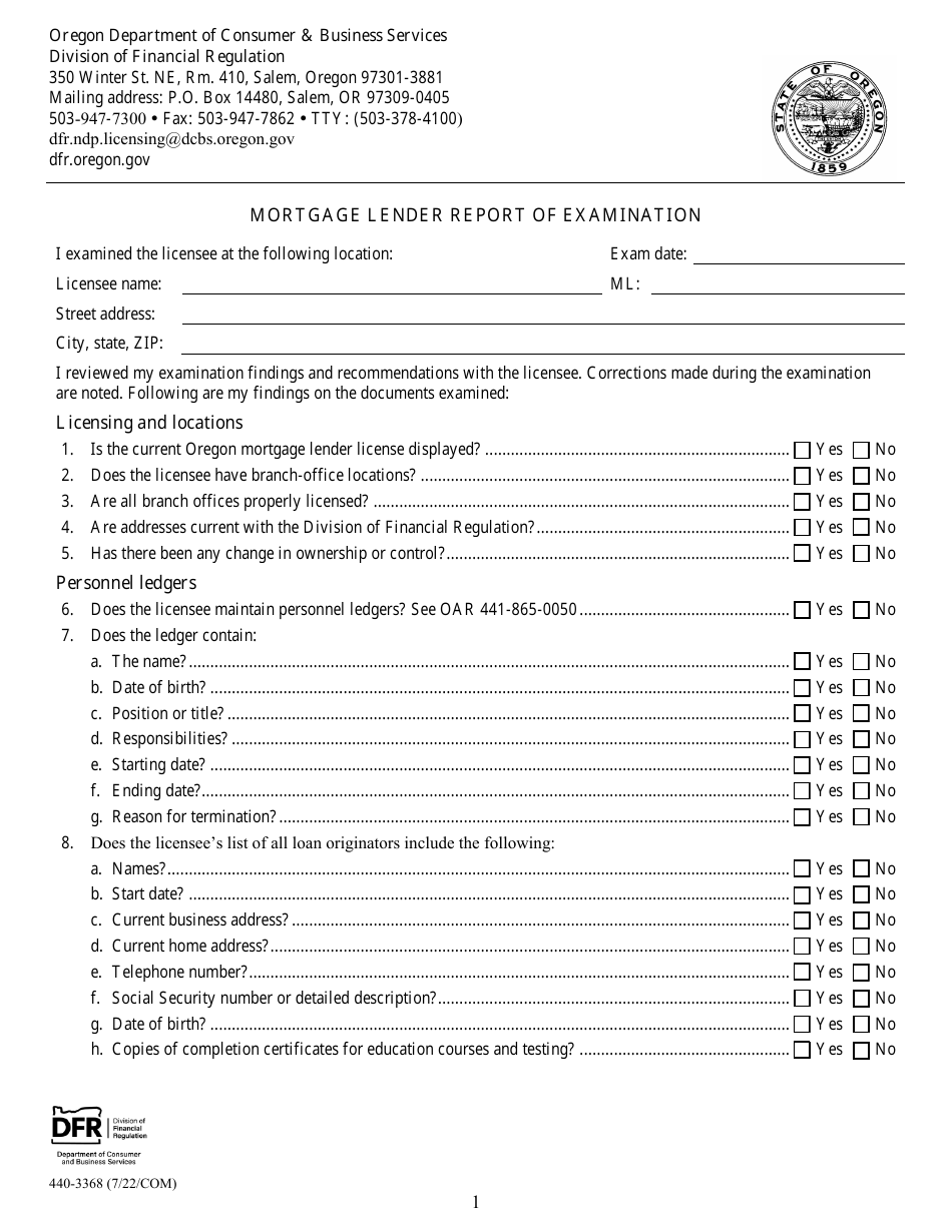 Form 440-3368 Mortgage Lender Report of Examination - Oregon, Page 1