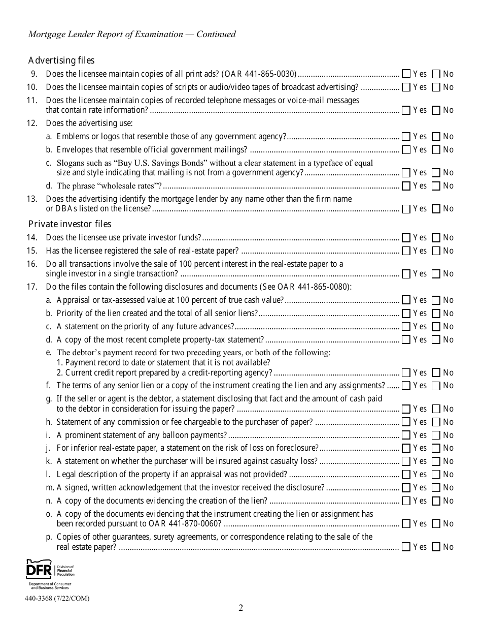 Form 440-3368 Mortgage Lender Report of Examination - Oregon, Page 2