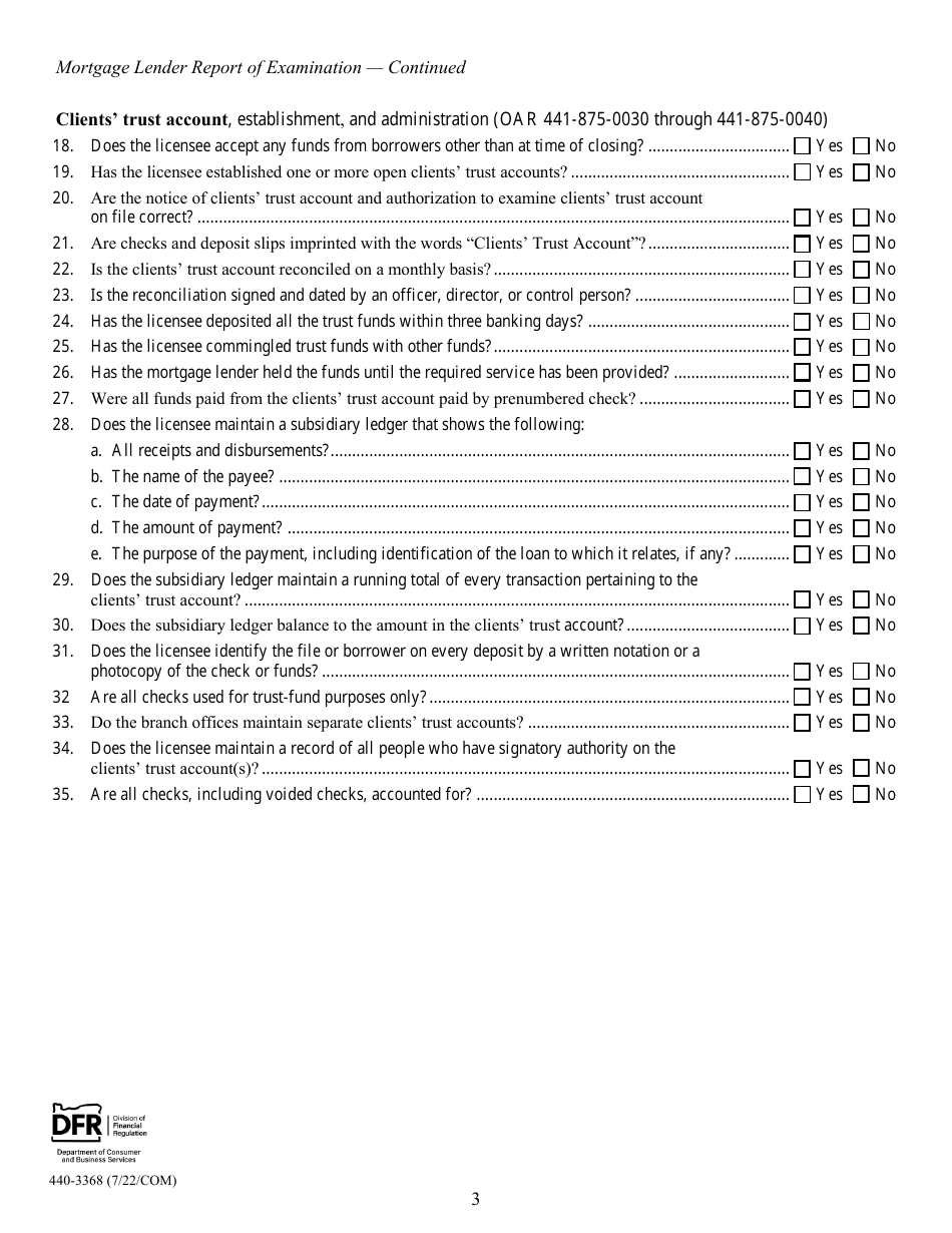 Form 440-3368 Mortgage Lender Report of Examination - Oregon, Page 3