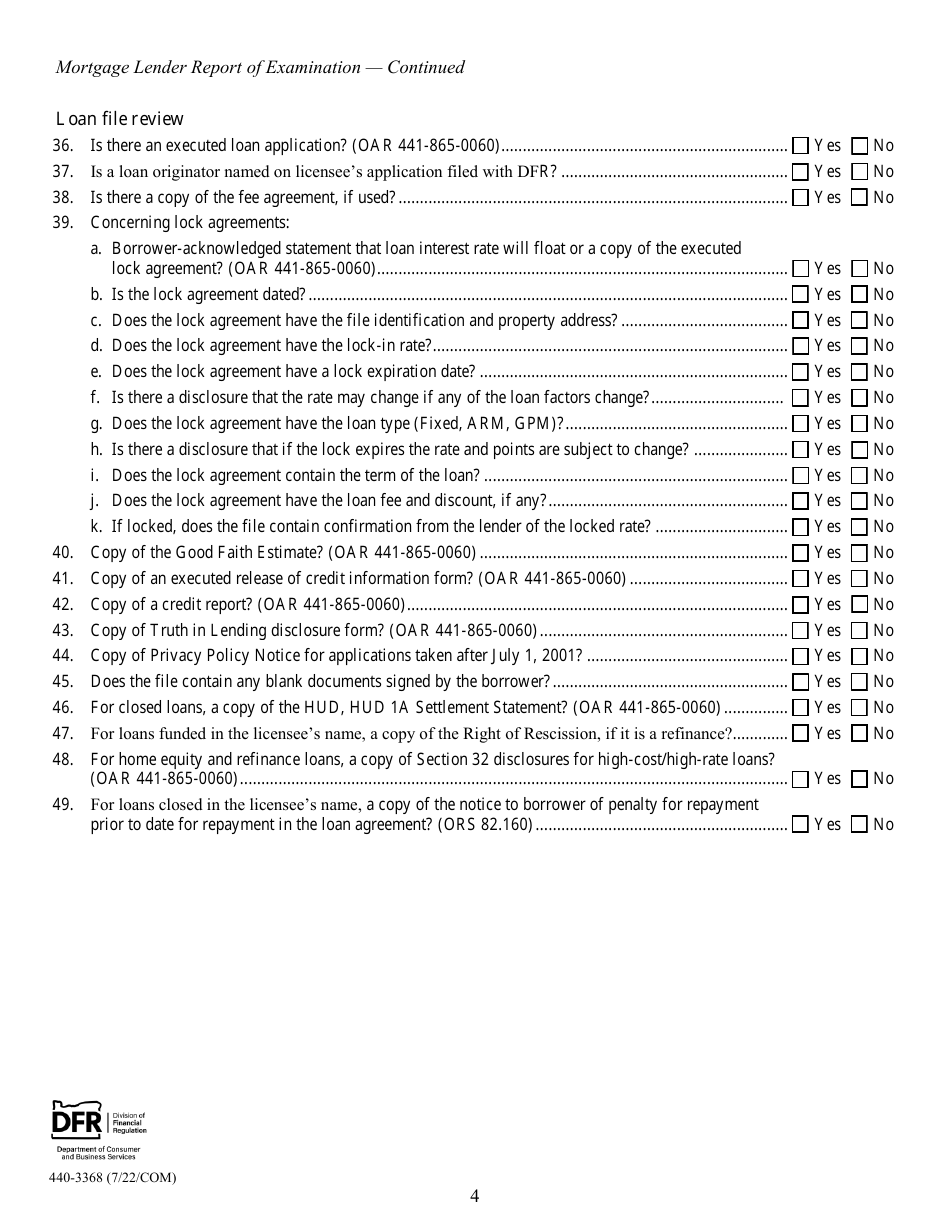 Form 440-3368 Mortgage Lender Report of Examination - Oregon, Page 4