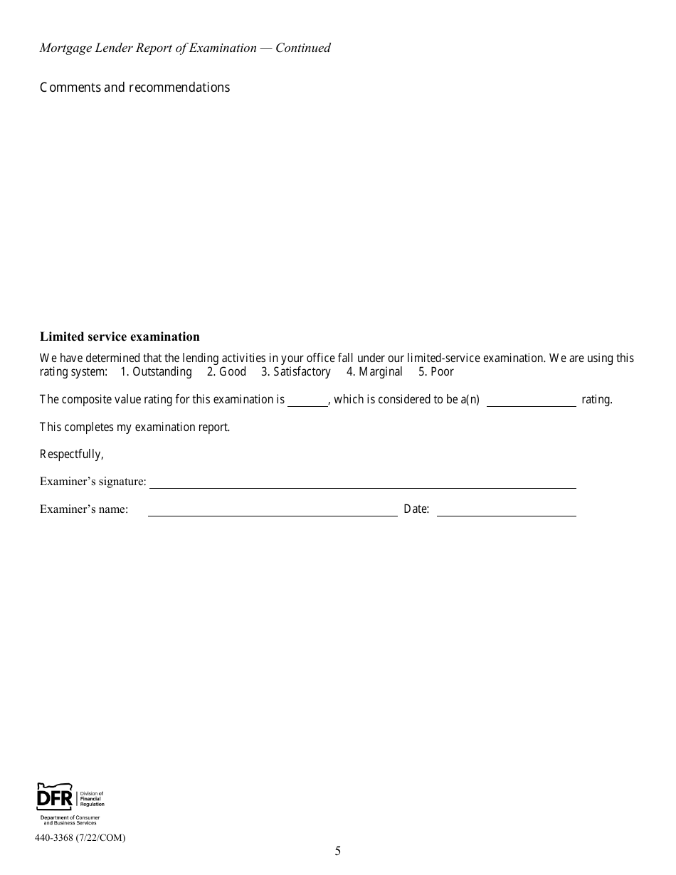 Form 440-3368 Mortgage Lender Report of Examination - Oregon, Page 5