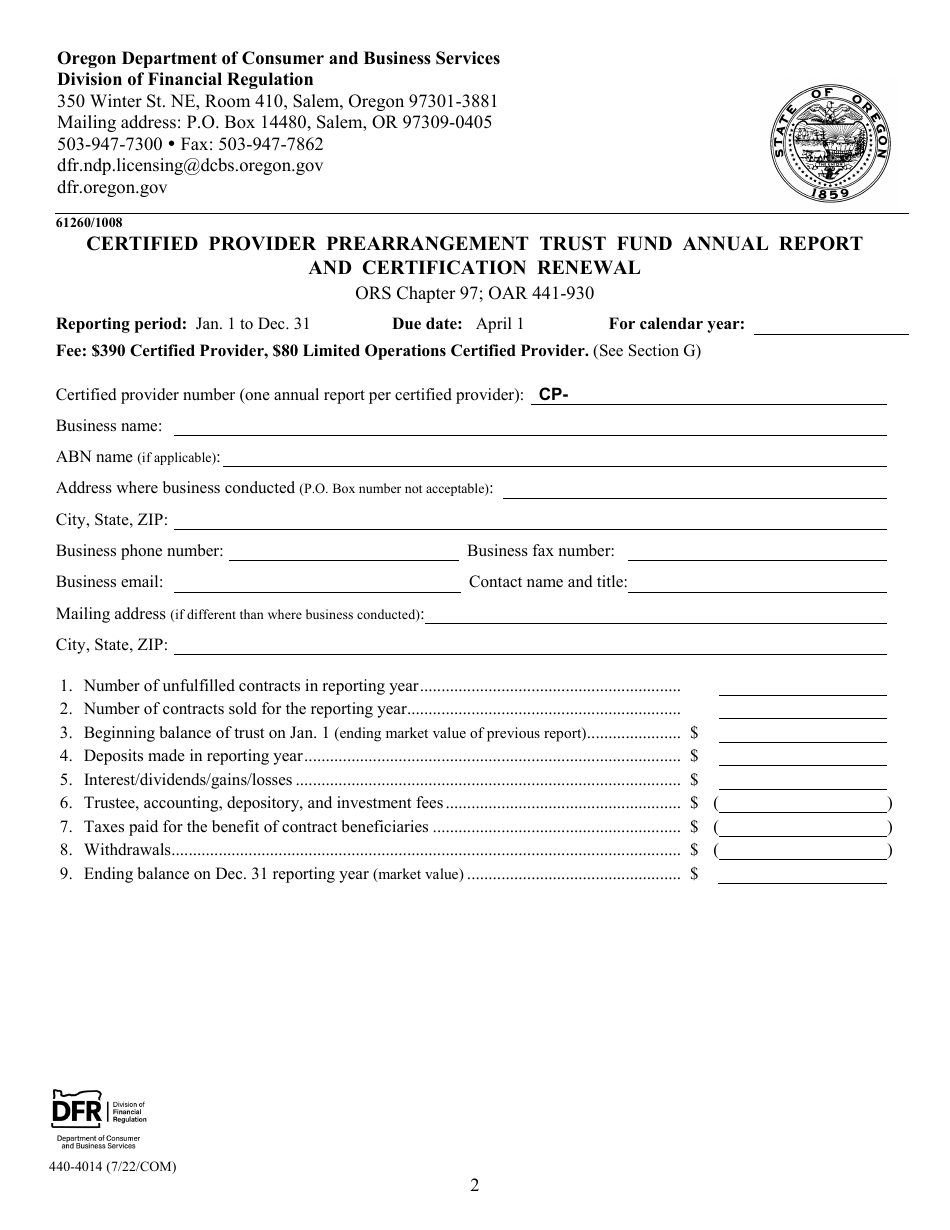 Form 440-4014 Certified Provider Prearrangement Trust Fund Annual Report and Certification Renewal - Oregon, Page 2