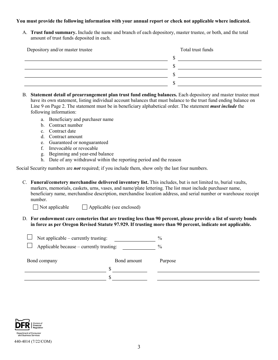 Form 440-4014 Certified Provider Prearrangement Trust Fund Annual Report and Certification Renewal - Oregon, Page 3
