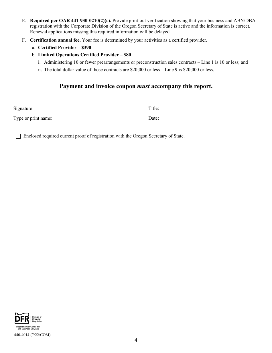 Form 440-4014 Certified Provider Prearrangement Trust Fund Annual Report and Certification Renewal - Oregon, Page 4