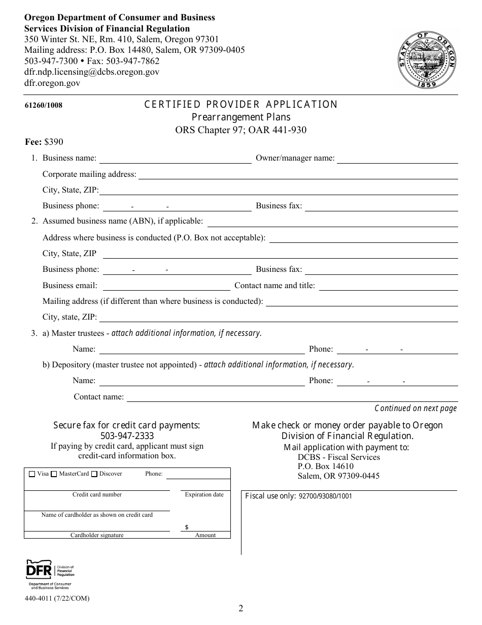 Form 440-4011 Certified Provider Application - Oregon, Page 2
