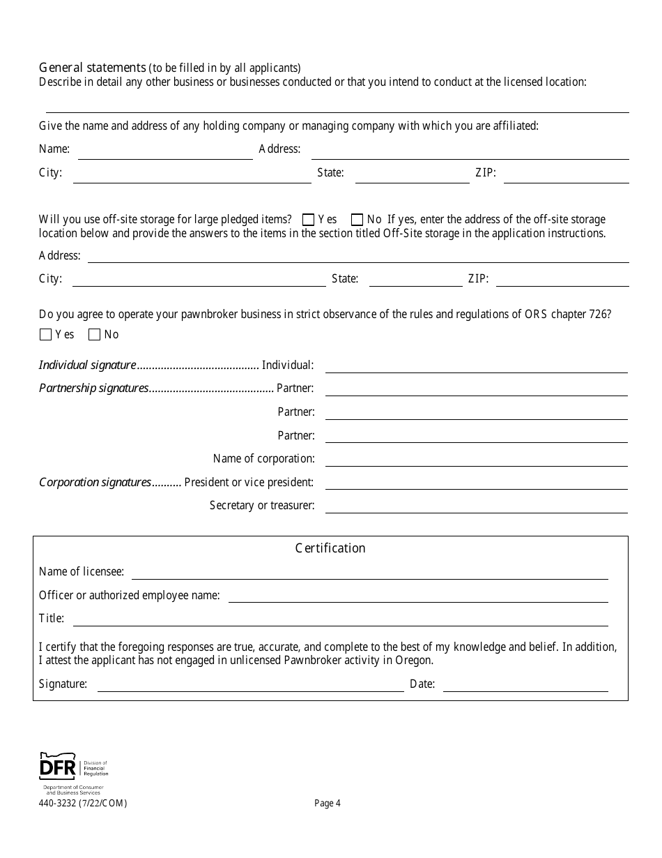 Form 440-3232 Pawnbroker License Application - Oregon, Page 4