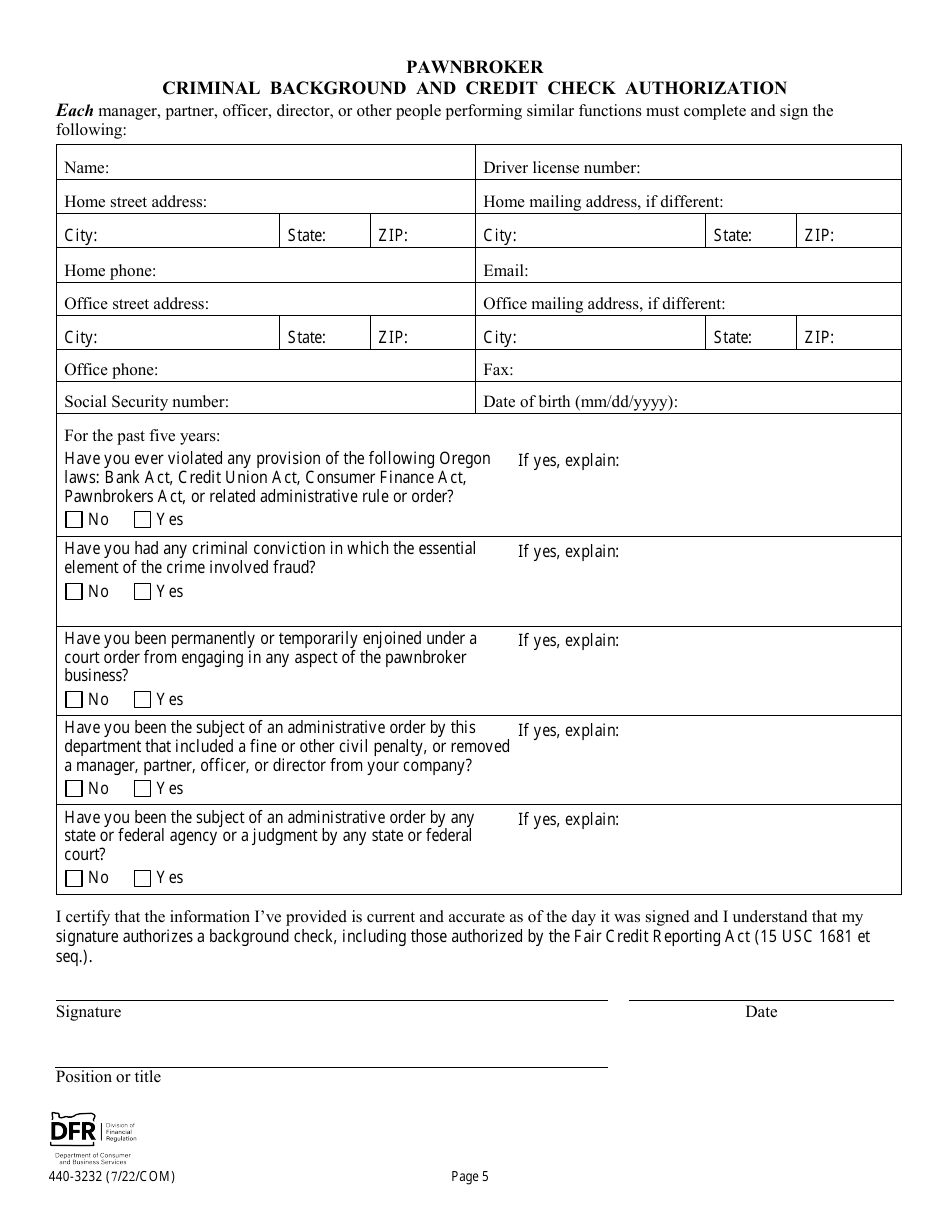Form 440-3232 Pawnbroker License Application - Oregon, Page 5