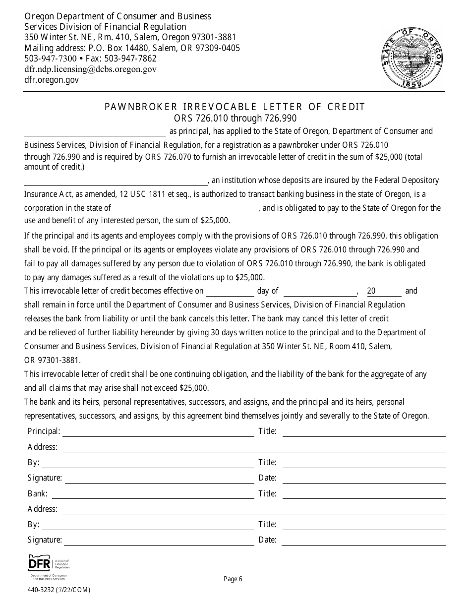 Form 440-3232 Pawnbroker License Application - Oregon, Page 7