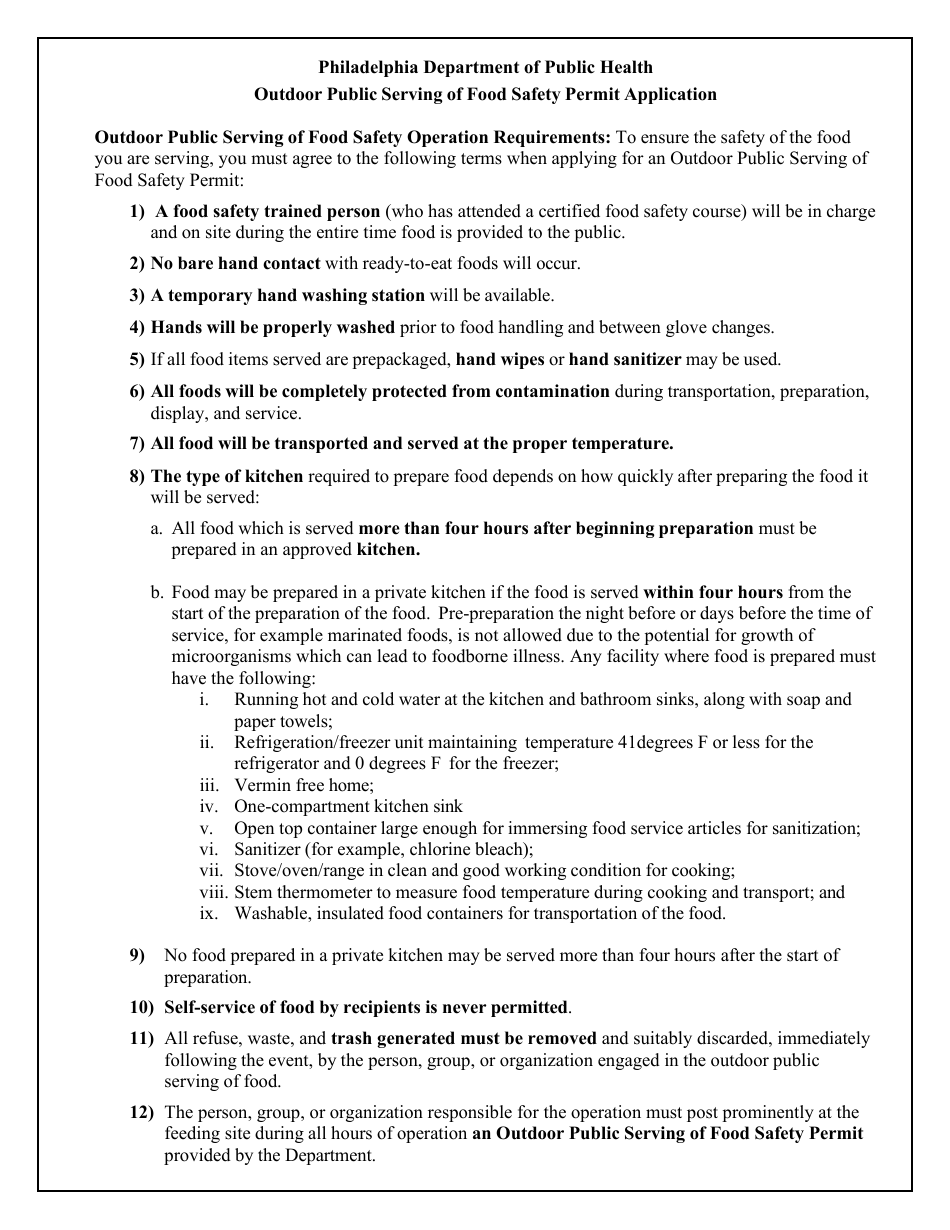 Outdoor Public Serving of Food Safety Permit Application - City of Philadelphia, Pennsylvania, Page 2
