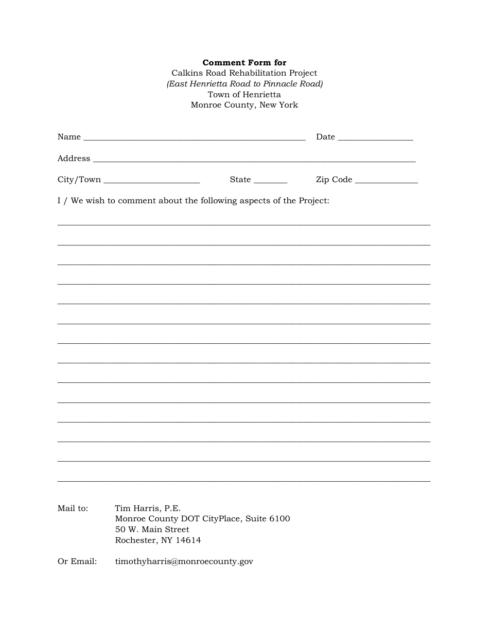 Comment Form for Calkins Road Rehabilitation Project - Monroe County, New York, Page 1