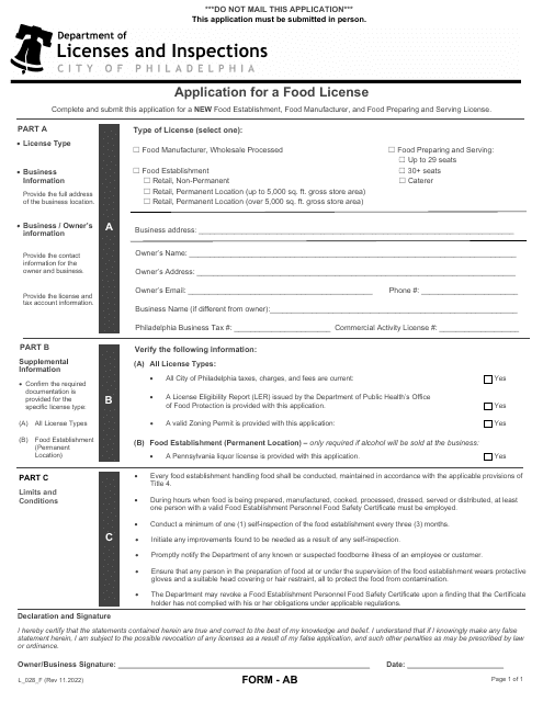 Form AB (L_028_F) Application for a Food License - City of Philadelphia, Pennsylvania