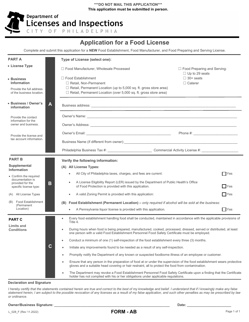 Form AB (L_028_F) Application for a Food License - City of Philadelphia, Pennsylvania, Page 1