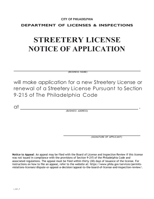 Form L_041_F Streetery License Notice of Application - City of Philadelphia, Pennsylvania