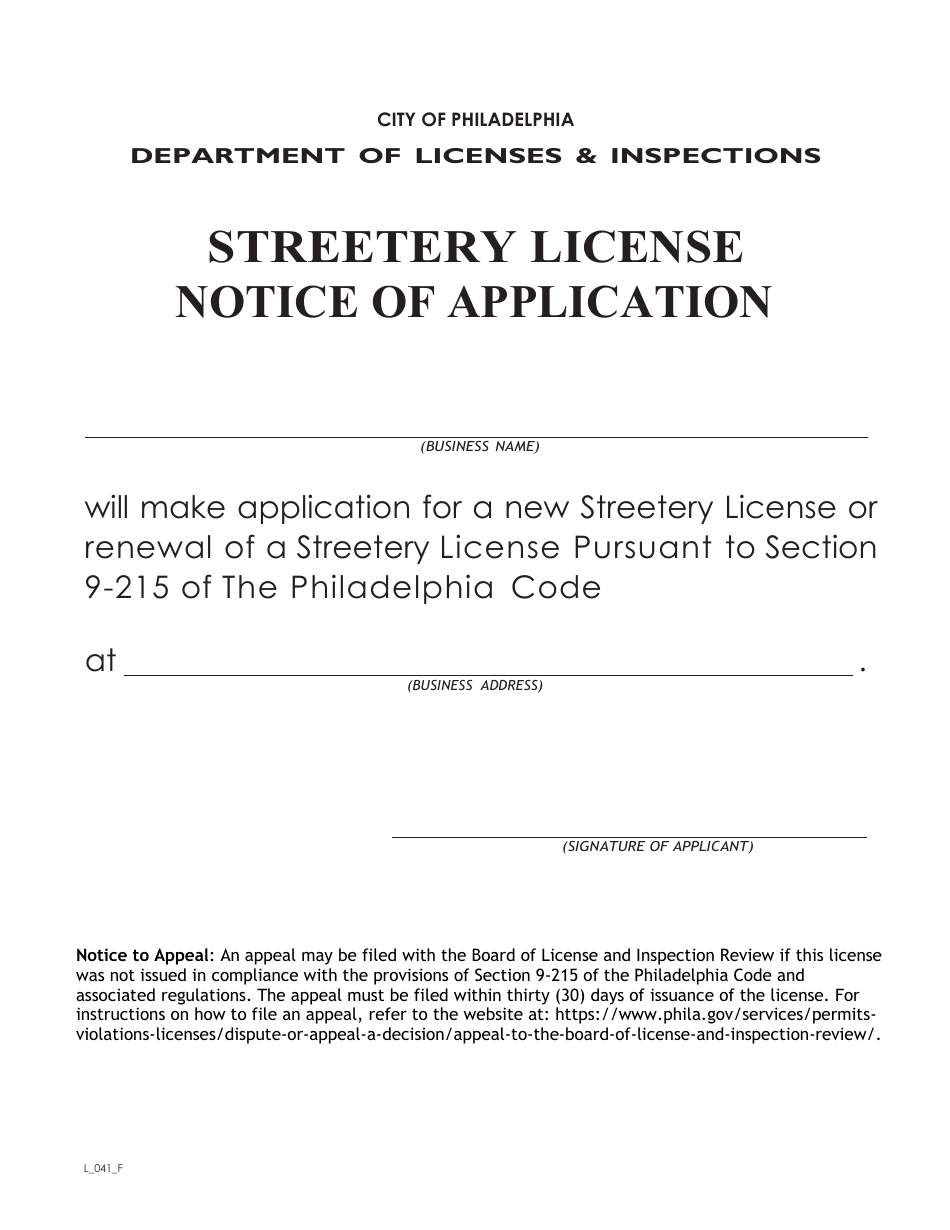 Form L_041_F Streetery License Notice of Application - City of Philadelphia, Pennsylvania, Page 1