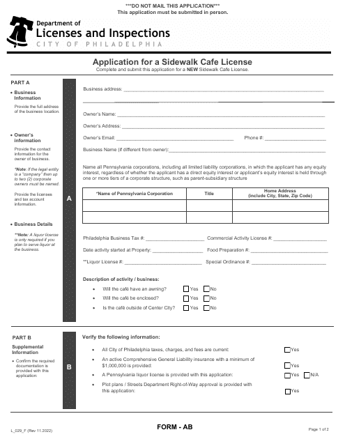 Form AB (L_029_F) Application for a Sidewalk Cafe License - City of Philadelphia, Pennsylvania