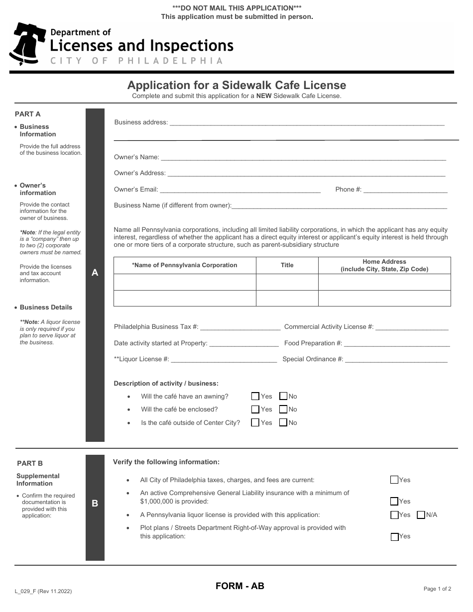 Form AB (L_029_F) Application for a Sidewalk Cafe License - City of Philadelphia, Pennsylvania, Page 1