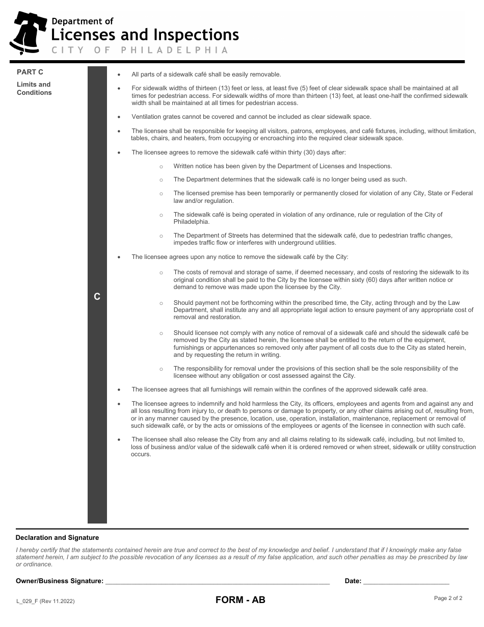 Form AB (L_029_F) Application for a Sidewalk Cafe License - City of Philadelphia, Pennsylvania, Page 2