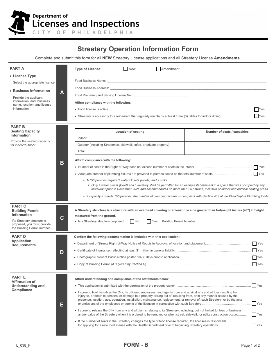 Form B (L_038_F) Streetery Operation Information Form - City of Philadelphia, Pennsylvania, Page 1