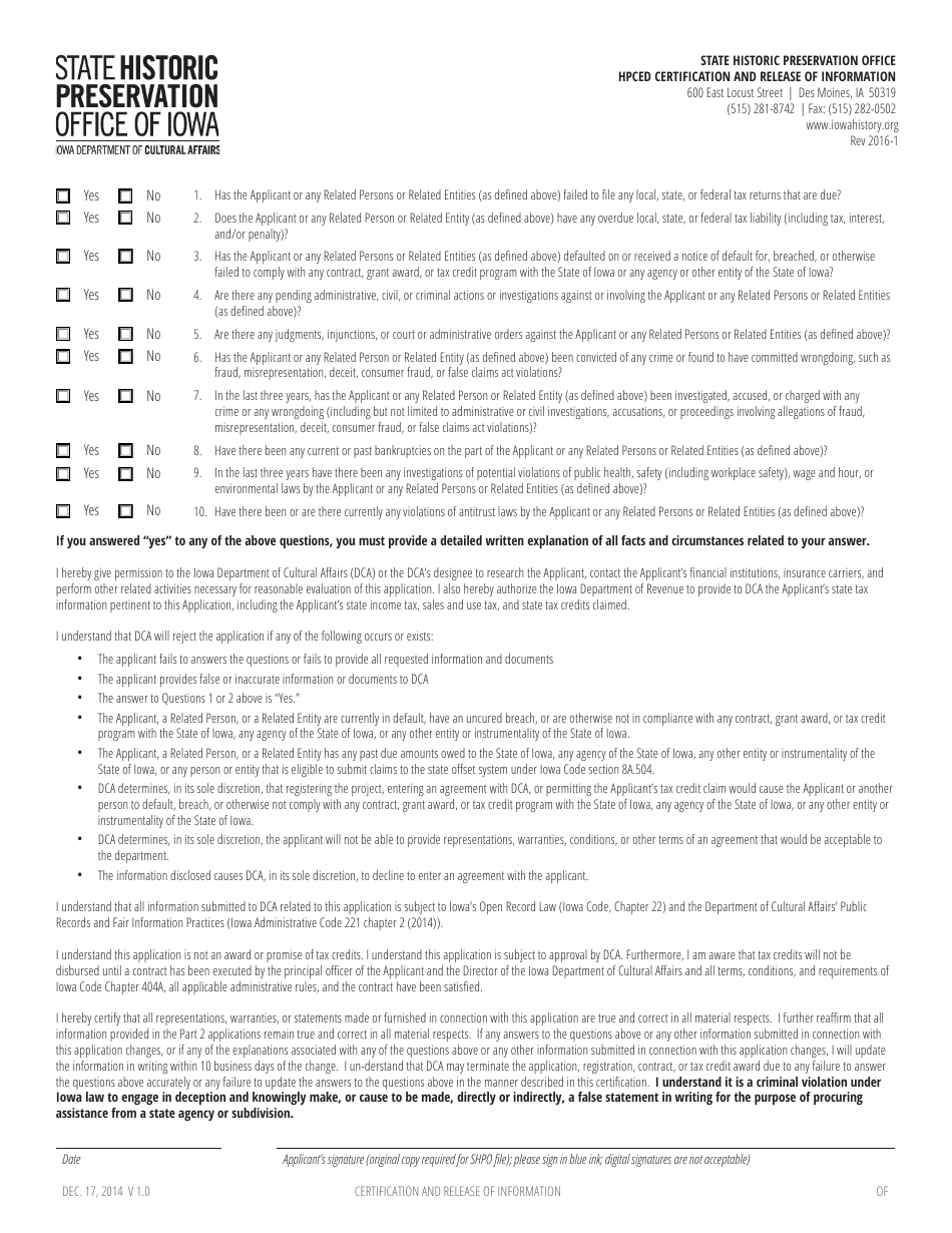 Certification and Release of Information - Historic Preservation and Cultural and Entertainment District - Iowa, Page 2