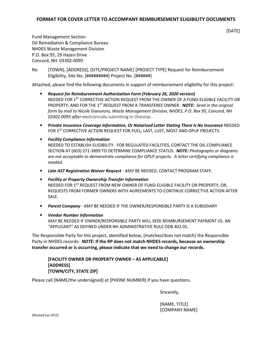 Format for Cover Letter to Accompany Reimbursement Eligibility Documents - New Hampshire, Page 1