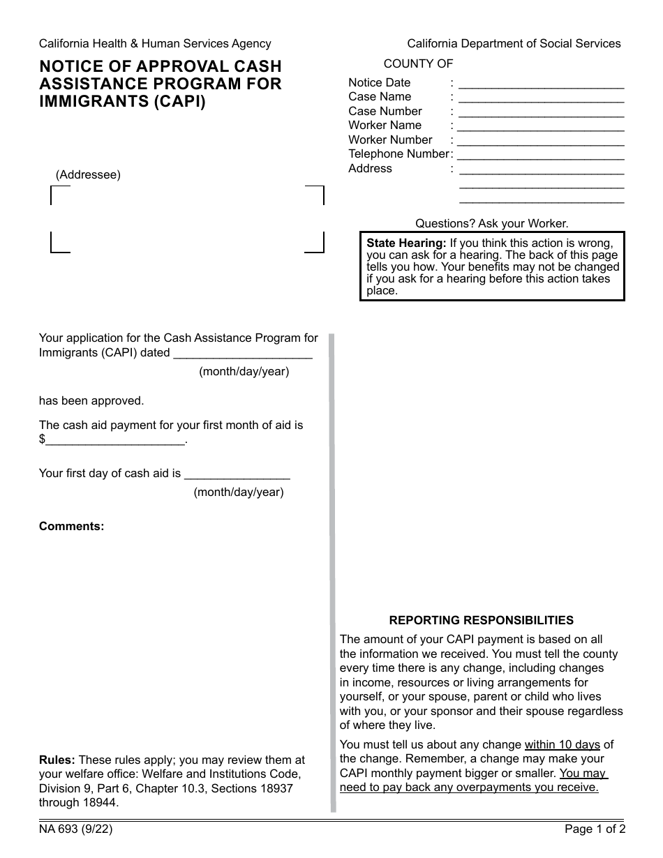 Form Na693 Download Fillable Pdf Or Fill Online Notice Of Approval Cash