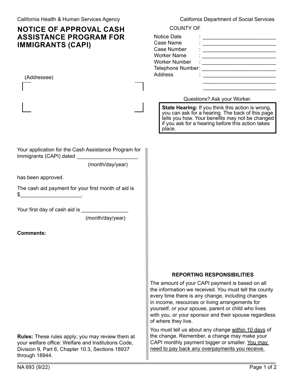 Form NA693 Notice of Approval Cash Assistance Program for Immigrants (Capi) - California, Page 1