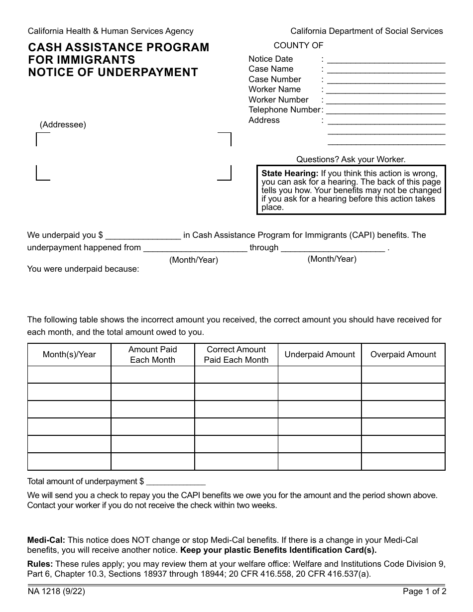 Form NA1218 Notice of Underpayment - Cash Assistance Program for Immigrants - California, Page 1