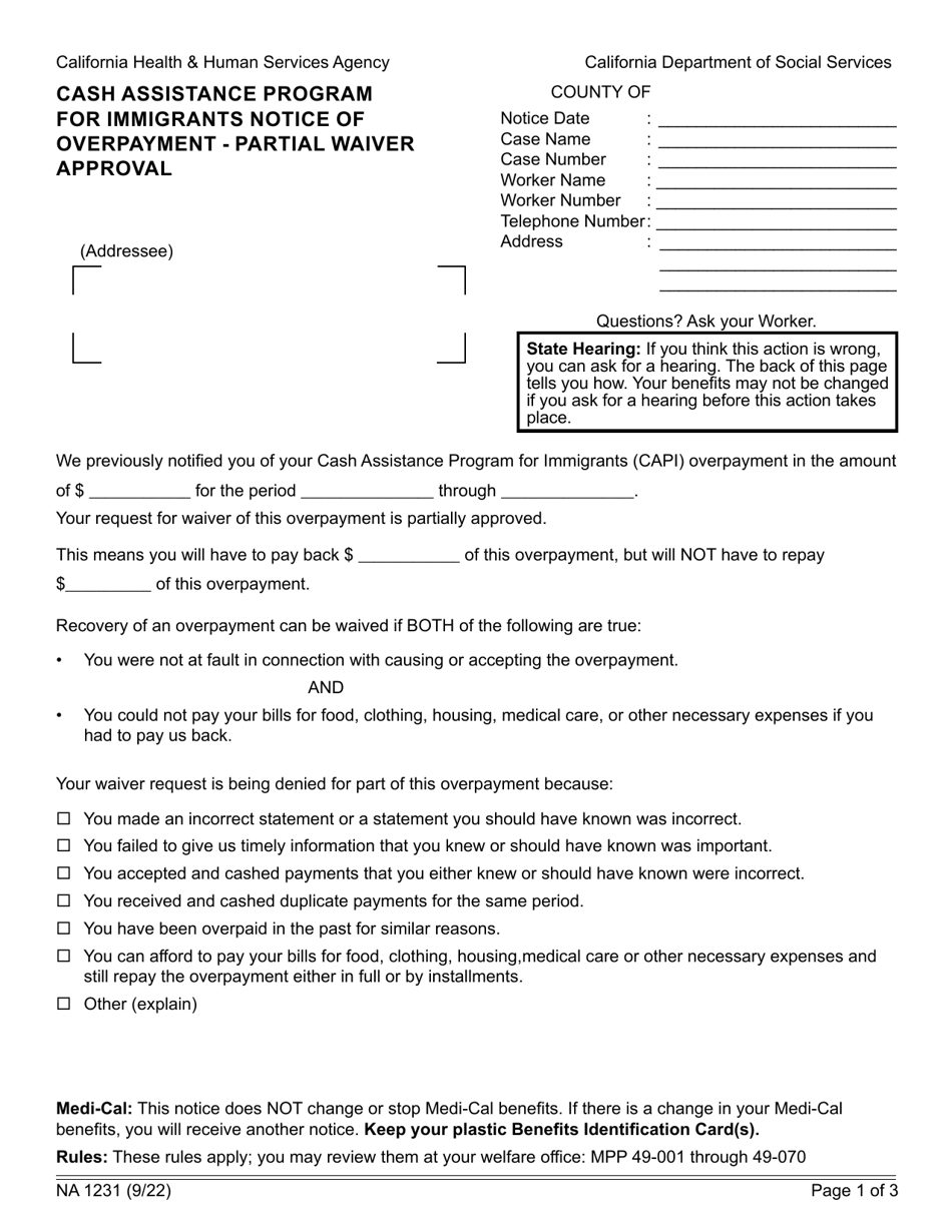 Form NA1231 Notice of Overpayment - Partial Waiver Approval - Cash Assistance Program for Immigrants - California, Page 1