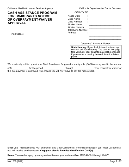 Form NA1230 Notice of Overpayment - Waiver Approval - Cash Assistance Program for Immigrants - California