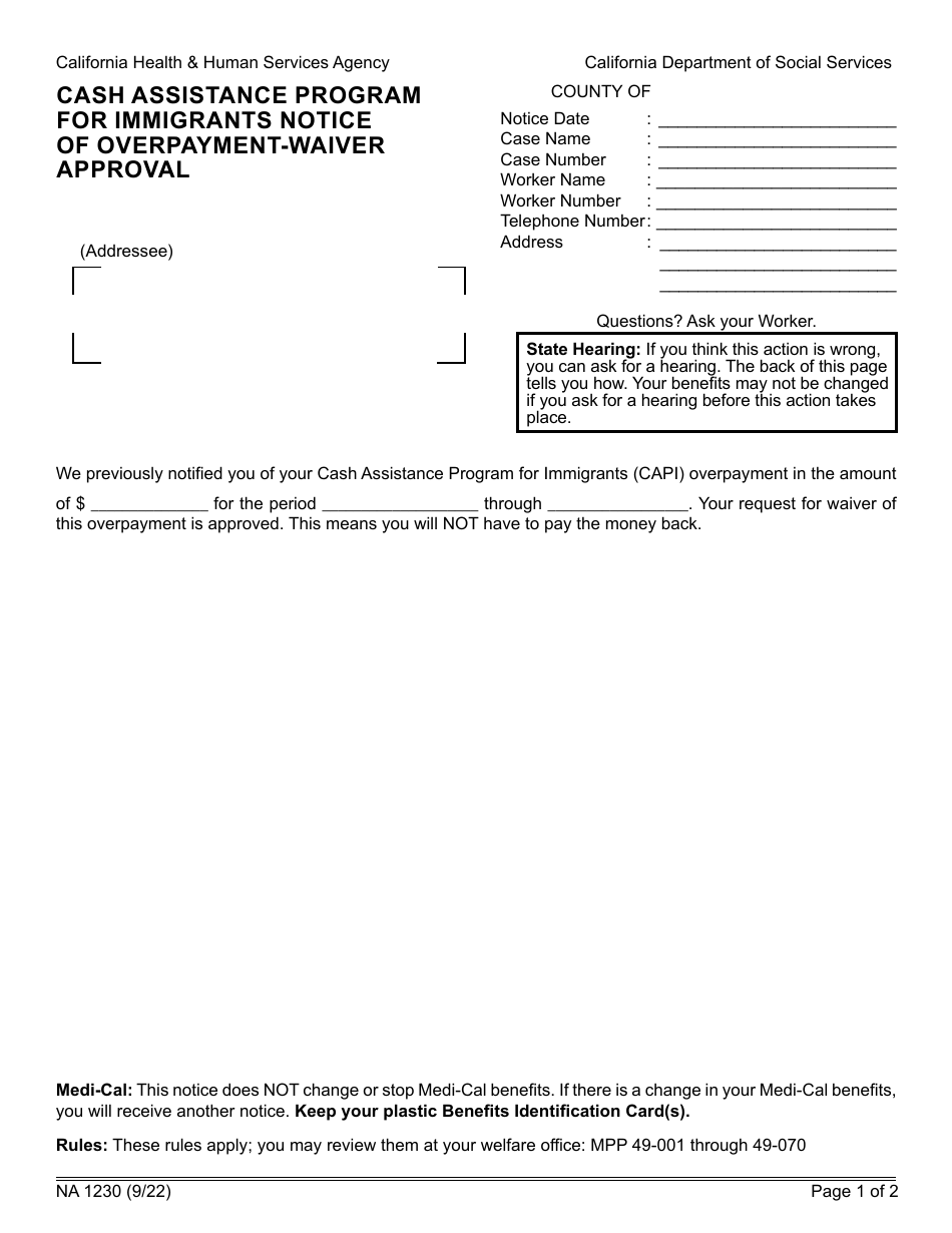 Form NA1230 Notice of Overpayment - Waiver Approval - Cash Assistance Program for Immigrants - California, Page 1