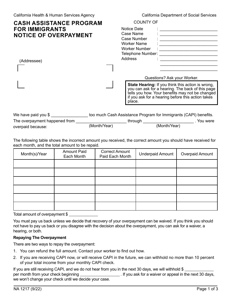 Form NA1217 Notice of Overpayment - Cash Assistance Program for Immigrants - California, Page 1