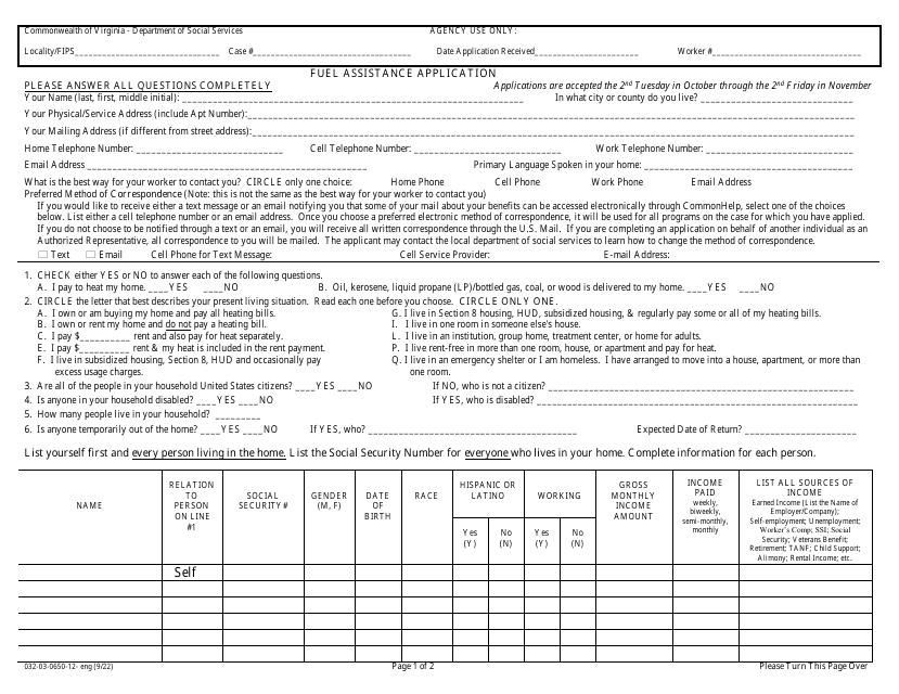 Form 032-03-0650-12-ENG Fuel Assistance Application - Virginia