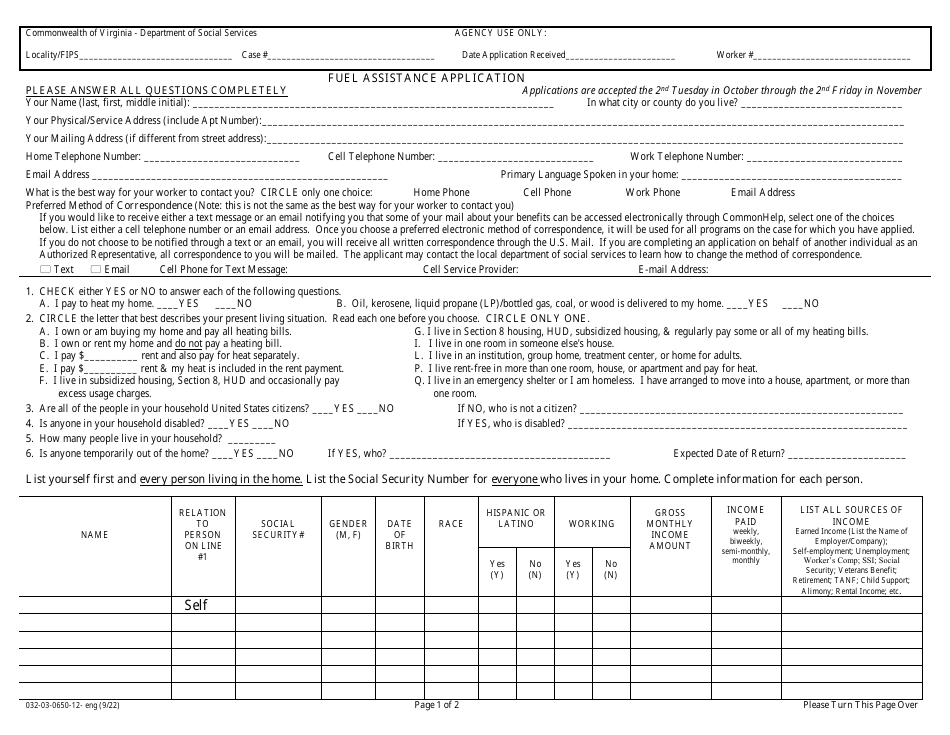 Form 032-03-0650-12-ENG Fuel Assistance Application - Virginia, Page 1