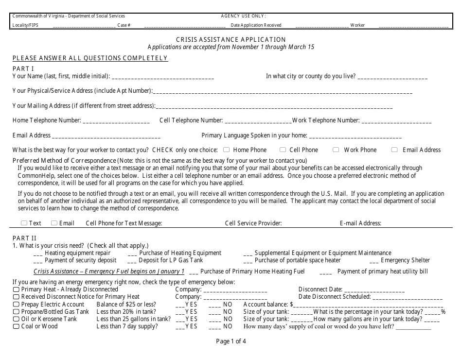 Form 032-03-0651-13-ENG Crisis Assistance Application - Virginia, Page 1