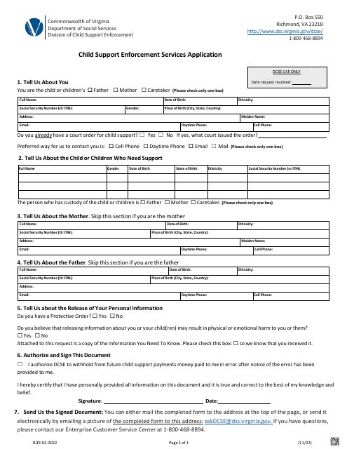 Form I139-03-2022 Child Support Enforcement Services Application - Virginia