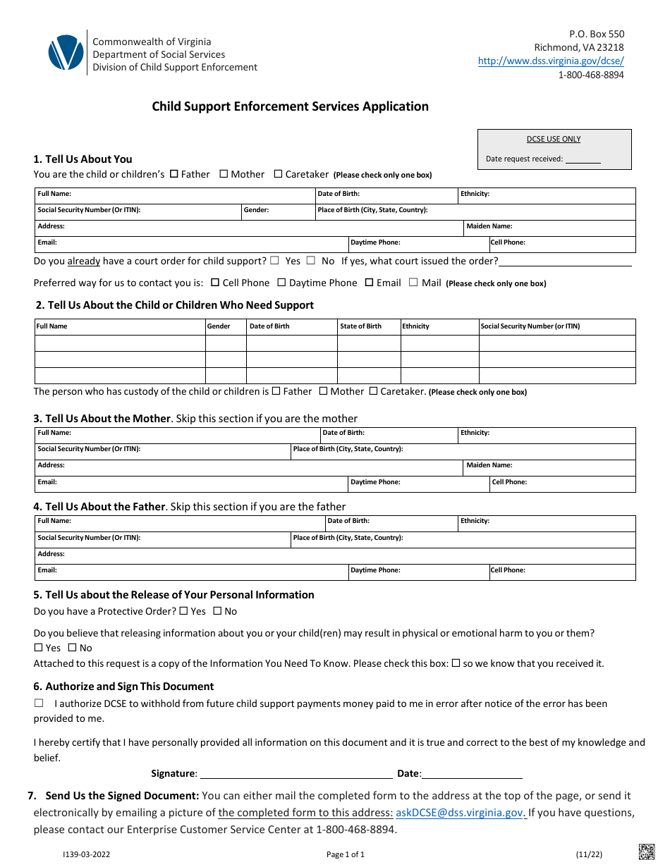 Form I139-03-2022 Child Support Enforcement Services Application - Virginia, Page 1