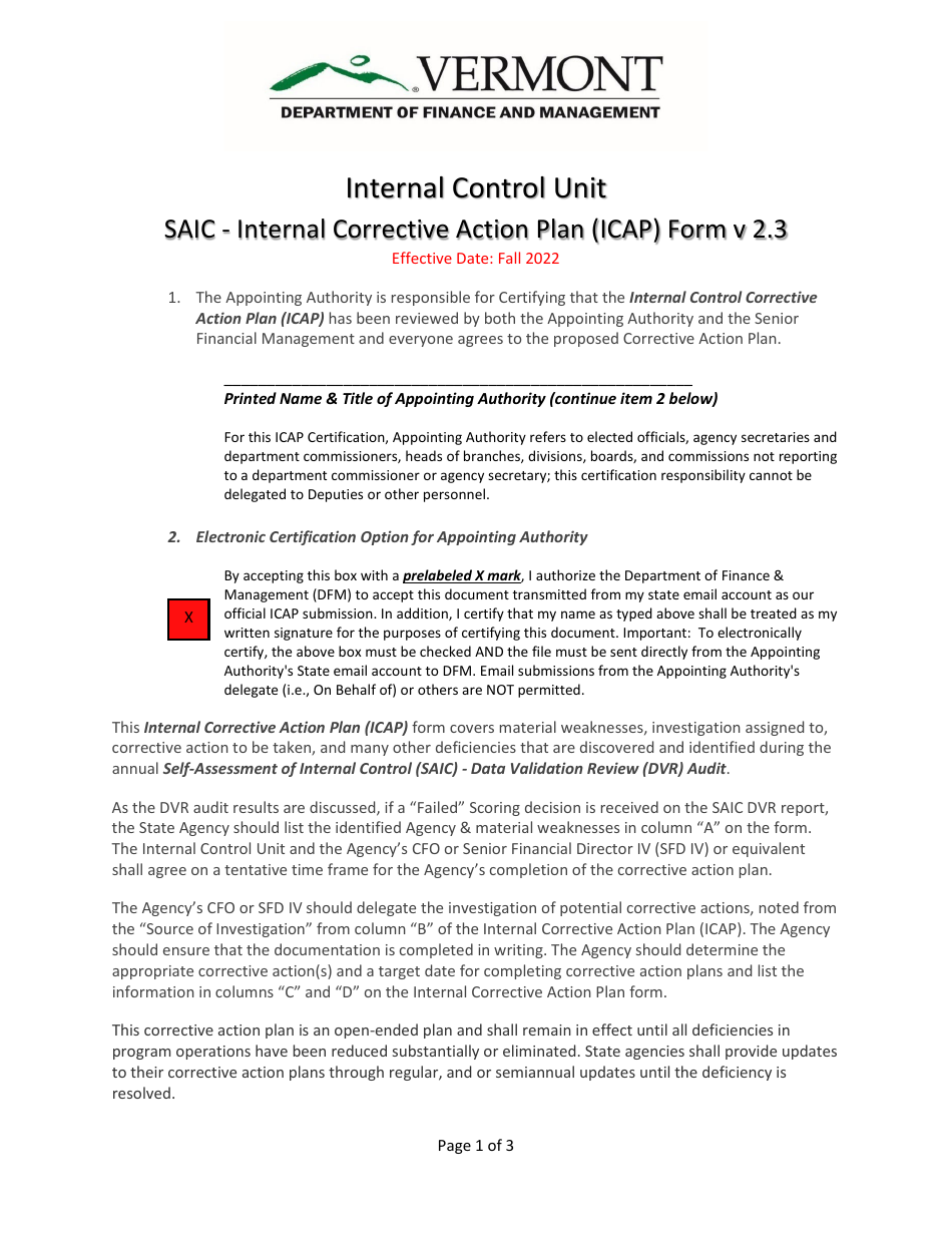 Saic - Internal Corrective Action Plan (Icap) Form - Vermont, Page 1