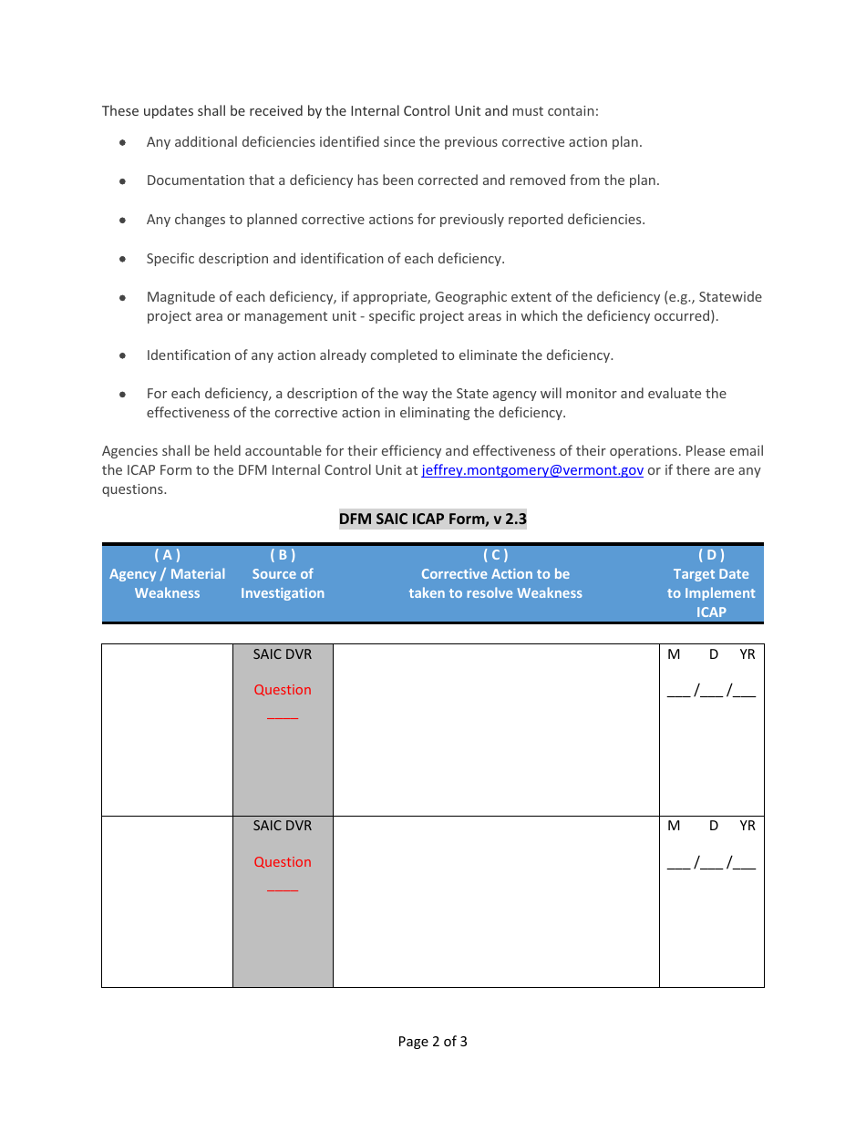 Vermont Saic Internal Corrective Action Plan (Icap) Form Fill Out