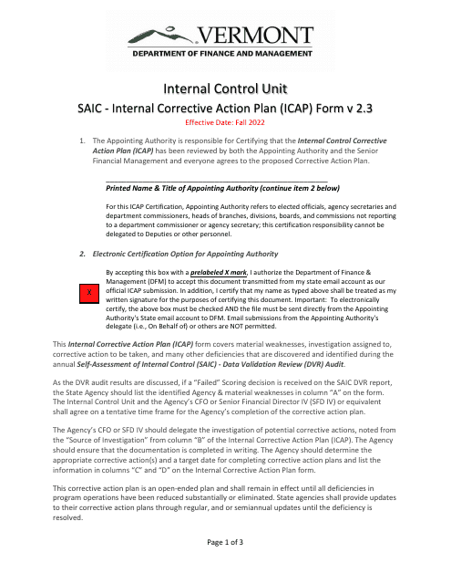 Saic - Internal Corrective Action Plan (Icap) Form - Vermont Download Pdf