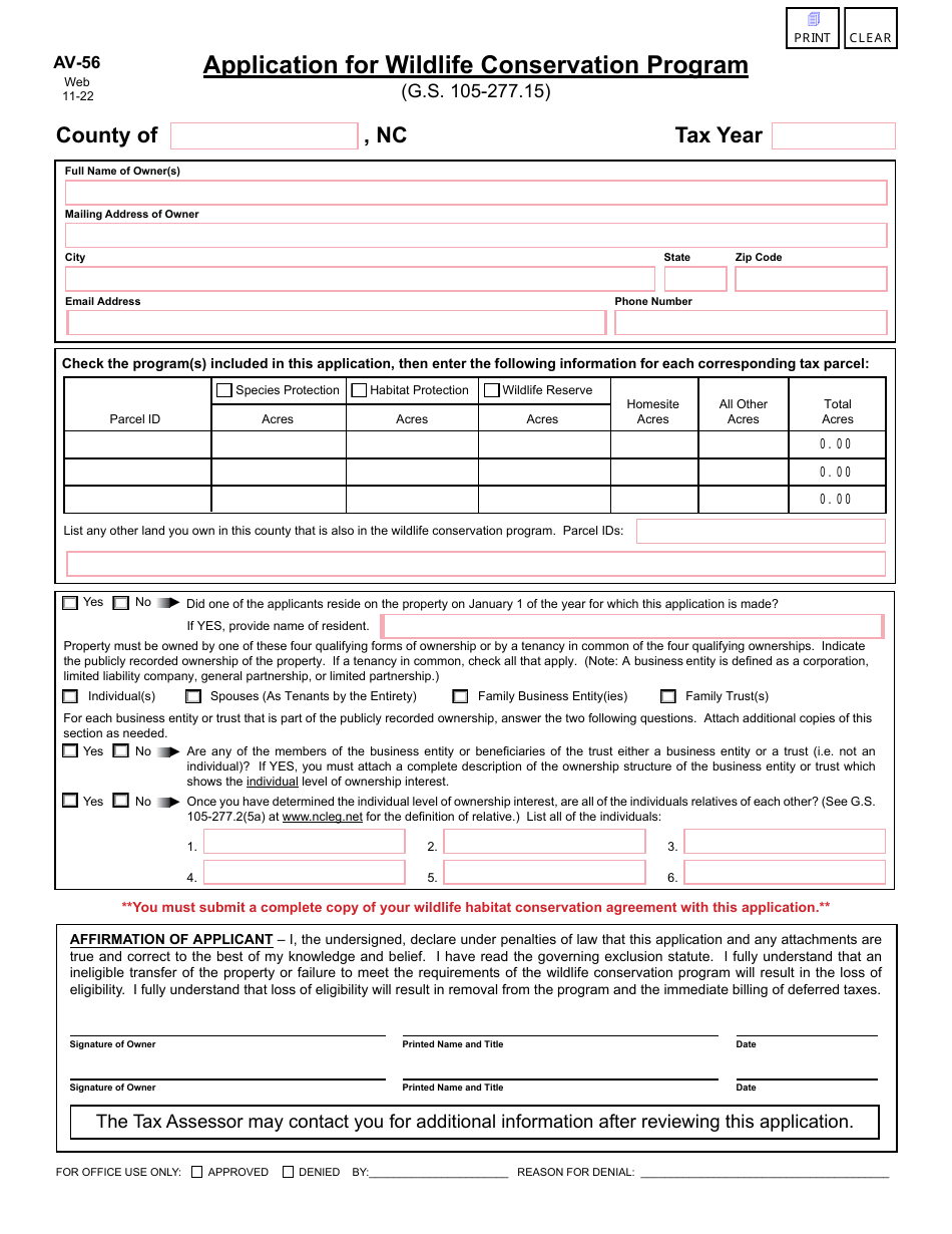 Form AV-56 Application for Wildlife Conservation Program - North Carolina, Page 1