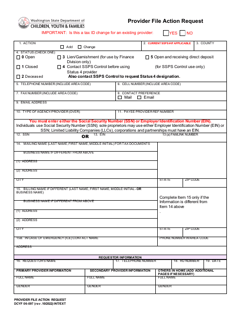 DCYF Form 06-097 Provider File Action Request - Washington