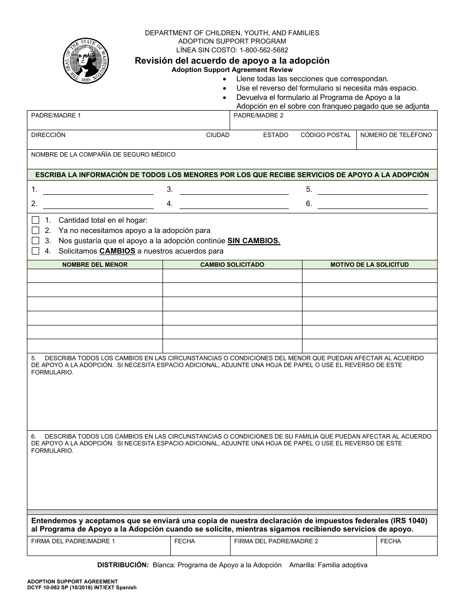 DCYF Formulario 10-082 Revision Del Acuerdo De Apoyo a La Adopcion - Washington (Spanish), Page 1