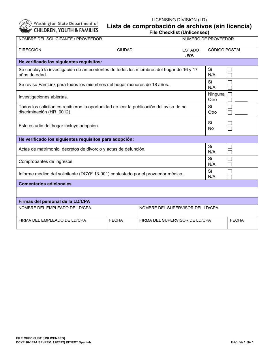 DCYF Formulario 10-182A Lista De Comprobacion De Archivos (Sin Licencia) - Washington (Spanish), Page 1