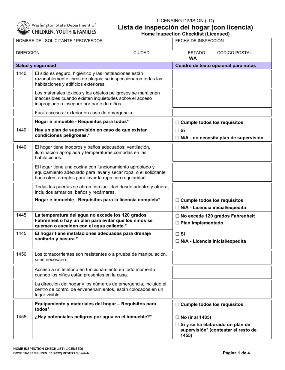 DCYF Formulario 10-183 Lista De Inspeccion Del Hogar (Con Licencia) - Washington (Spanish), Page 1
