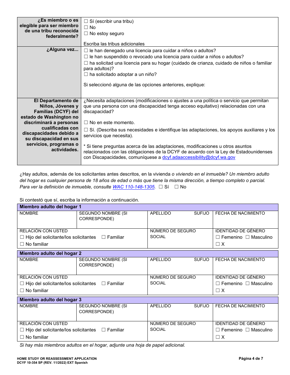 DCYF Formulario 10-354 Solicitud De Estudio Del Hogar O Reevaluacion - Washington (Spanish), Page 4