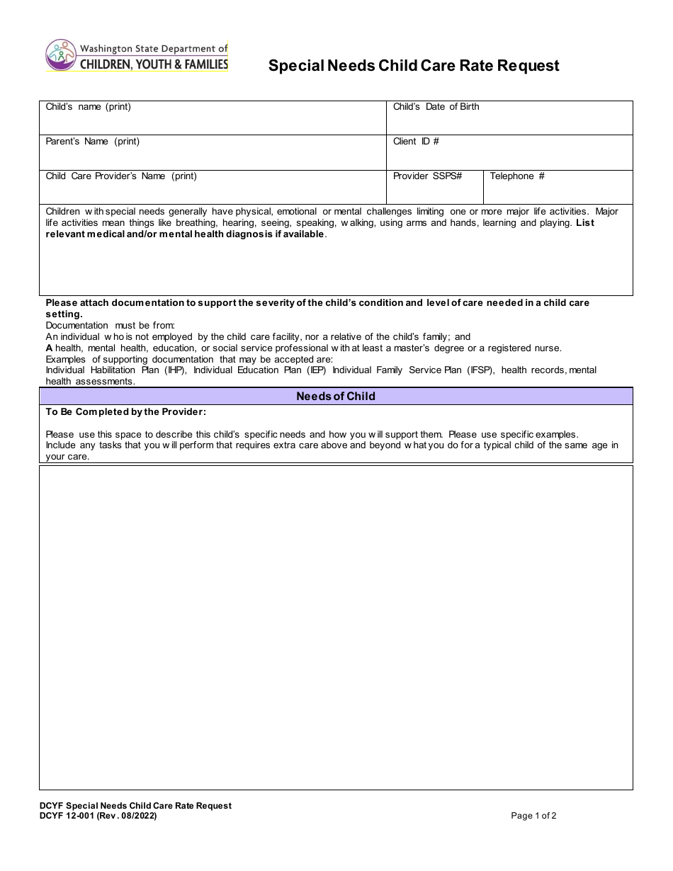 DCYF Form 12-001 Special Needs Child Care Rate Request - Washington, Page 1
